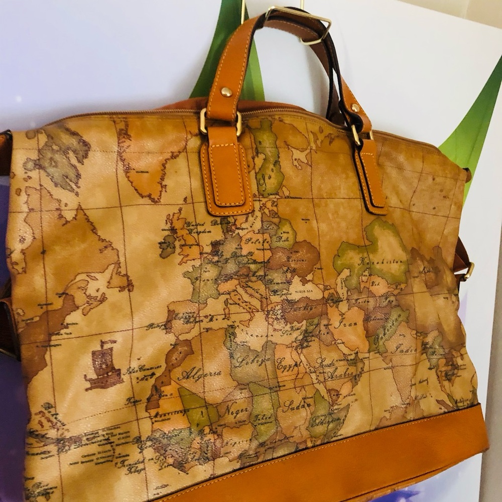 Alviero Martini Tan and Brown Map Print Travel Bag - Picture 3 of 4